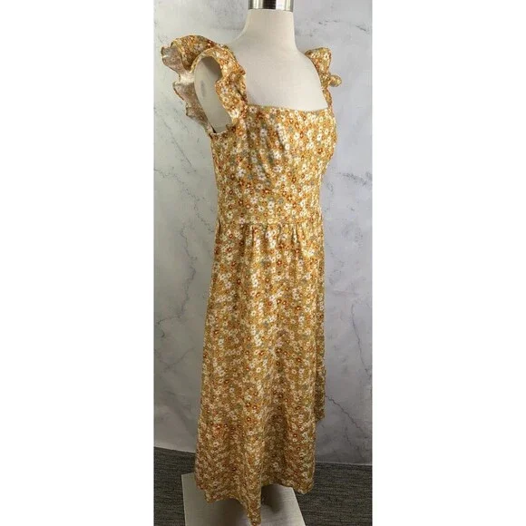 Reformation lucila Dress SZ 12 midi 100% Linen Cottagecore yellow smocked floral - Picture 12 of 16